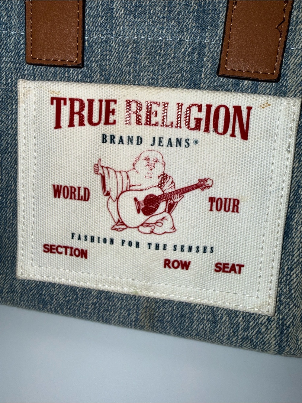 True Religion Light Blue Denim Tote with Tan Leather Handles - Picture 2 of 4